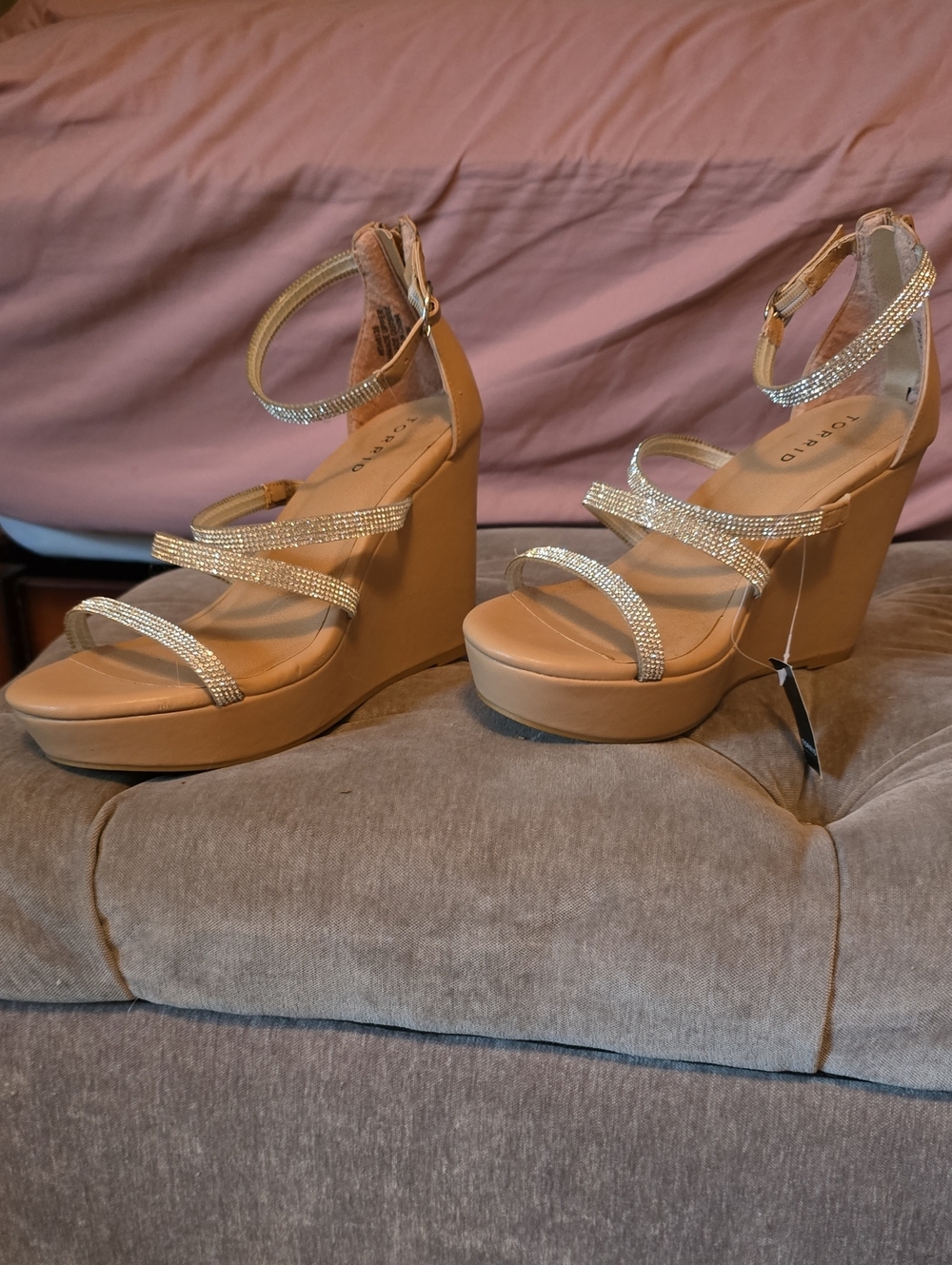 torrid Tan Wedge Sandals with Rhinestone Straps
